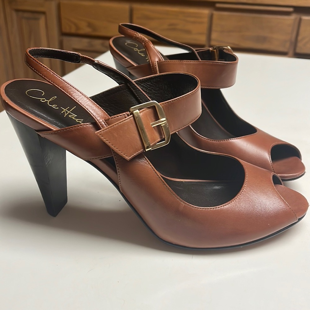 Cole Haan Sling Peep Toe Heel Brown Cognac